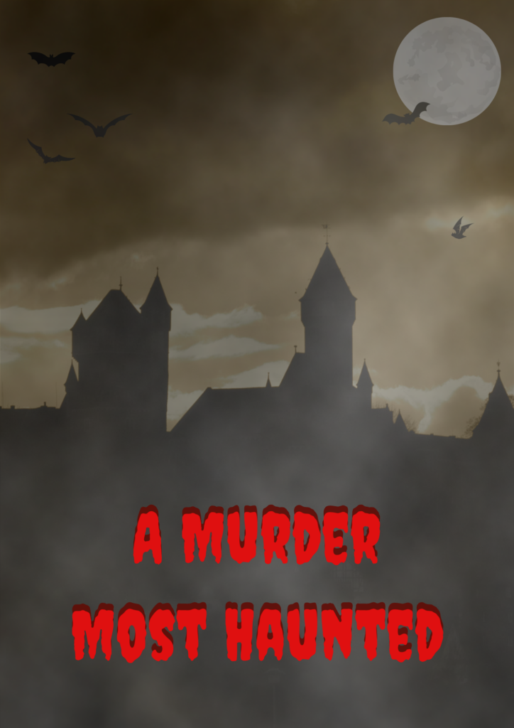 A poster of a halloween murder mystery game set in a scottish castle with a picture of a castle and fog