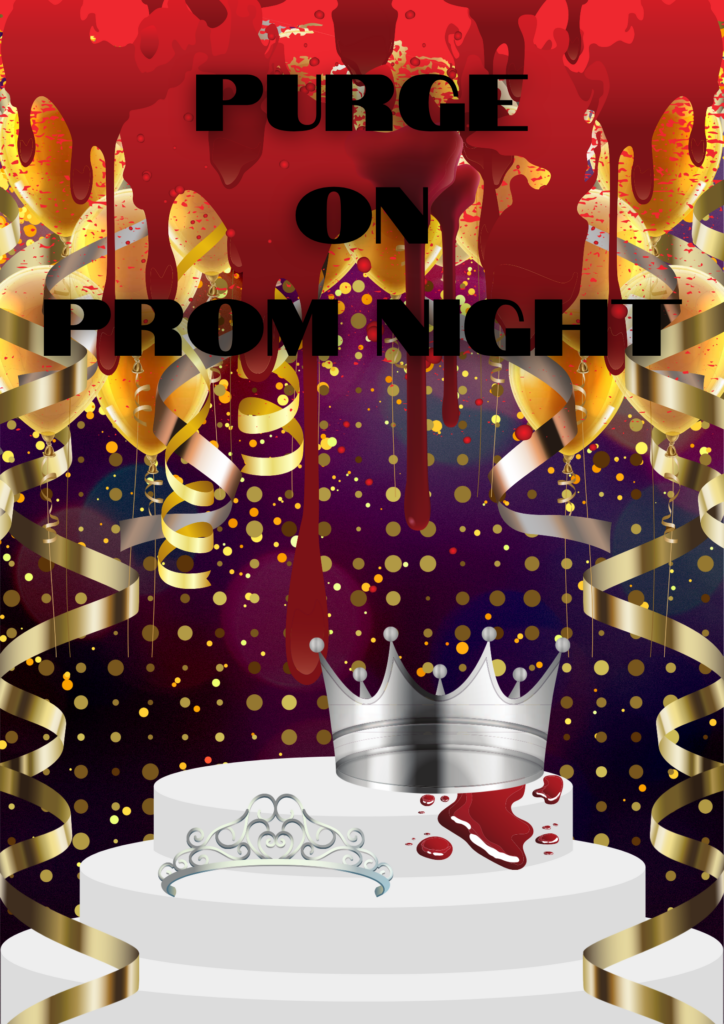 A poster of a prom murder mystery game set in a high school with a picture of a cake and streamers